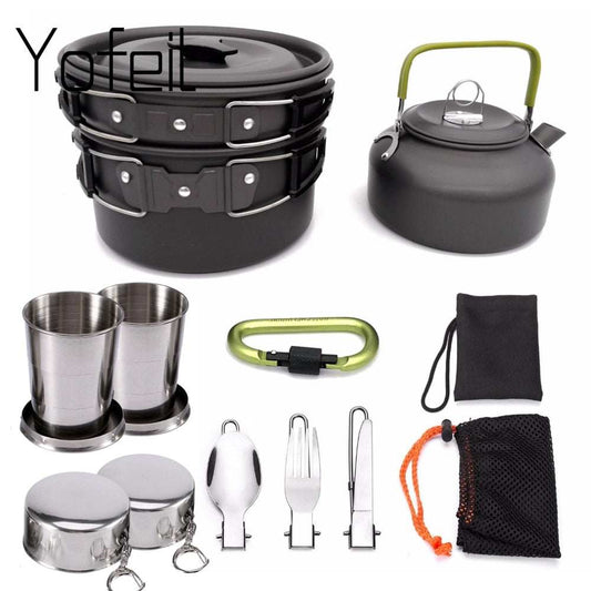 1 Set Outdoor Pots Pans Camping Cookware Non-stick Tableware  With Foldable Spoon Fork Knife Kettle Cup