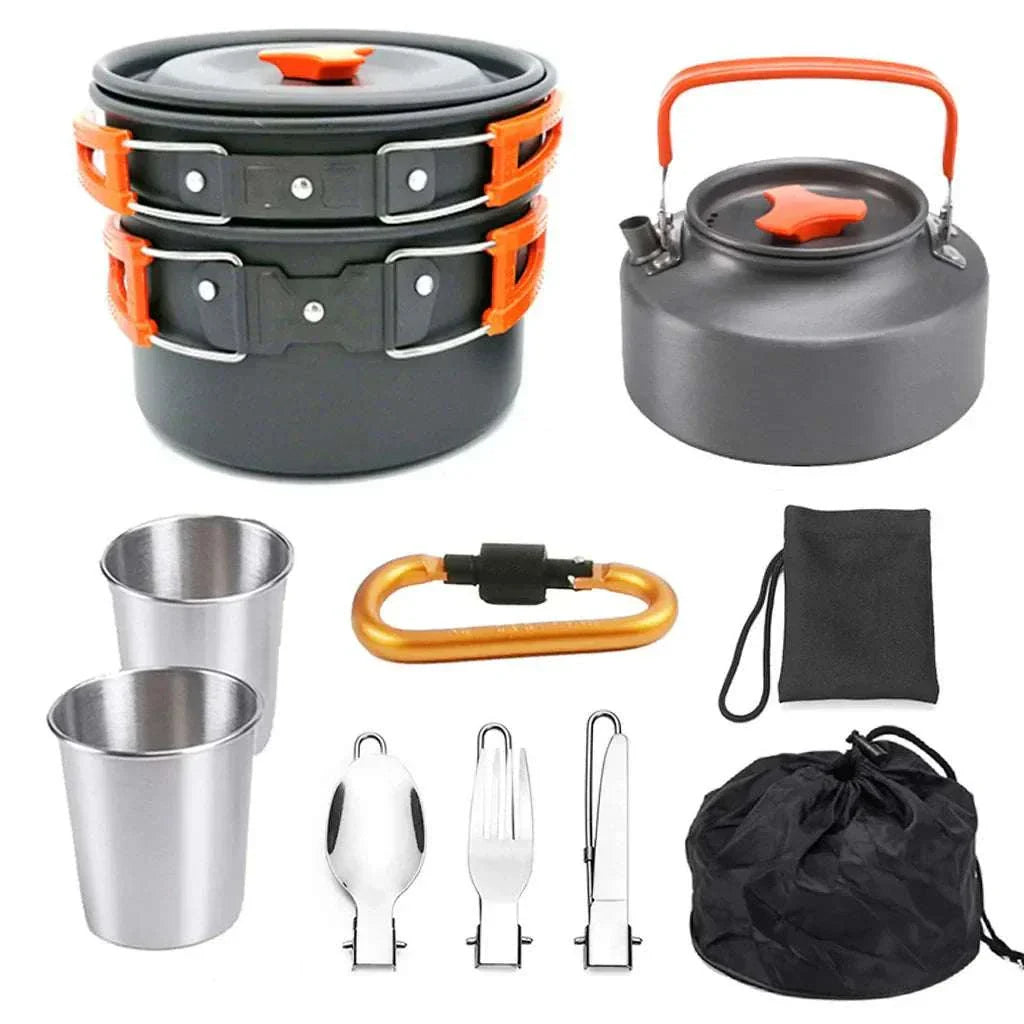 1 Set Outdoor Pots Pans Camping Cookware Picnic Cooking Set Non-stick Tableware With Foldable Spoon Fork Knife Kettle Cup