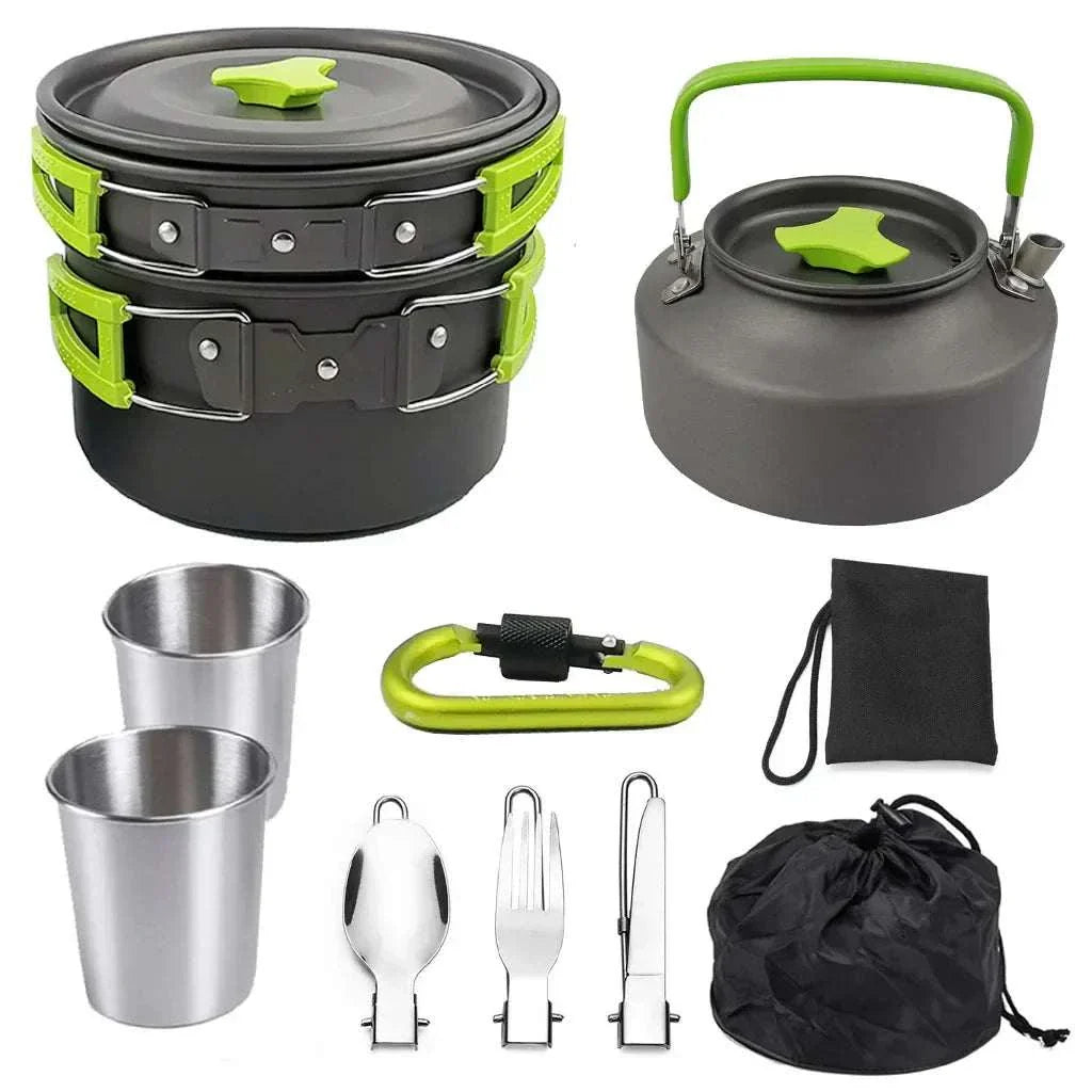 1 Set Outdoor Pots Pans Camping Cookware Picnic Cooking Set Non-stick Tableware With Foldable Spoon Fork Knife Kettle Cup