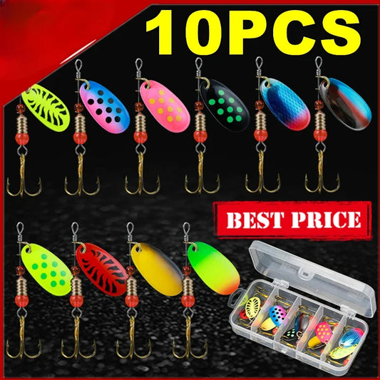 10PCS Fishing Lure Metal Spoon Spinner Spoonbait Crankbaits Fishing Wobblers Pike Crochet Kit Artificial Bait with Tackle Boxes